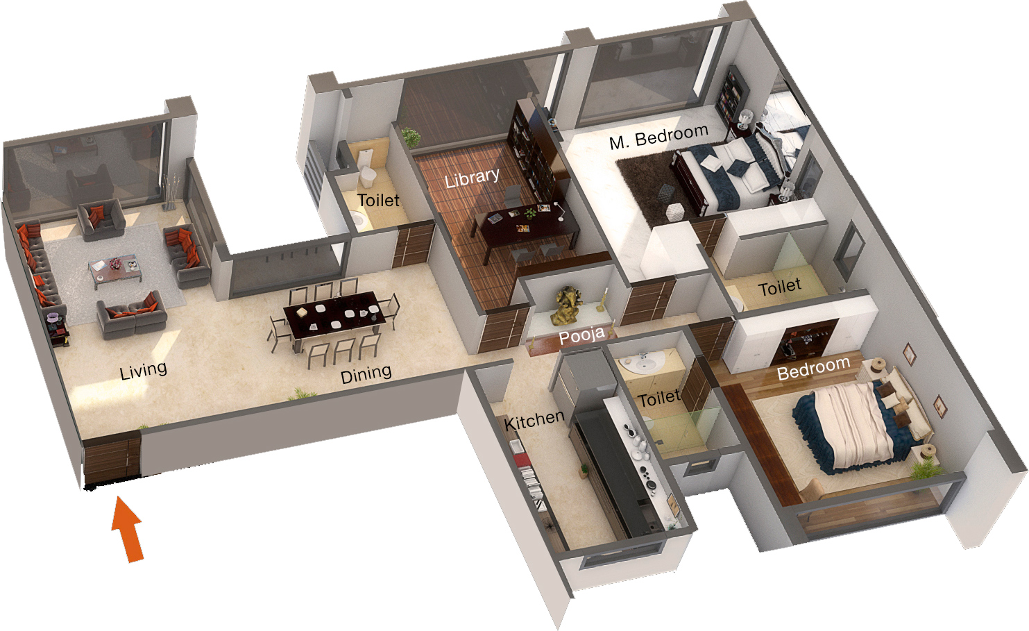 Three bedrooms with pooja