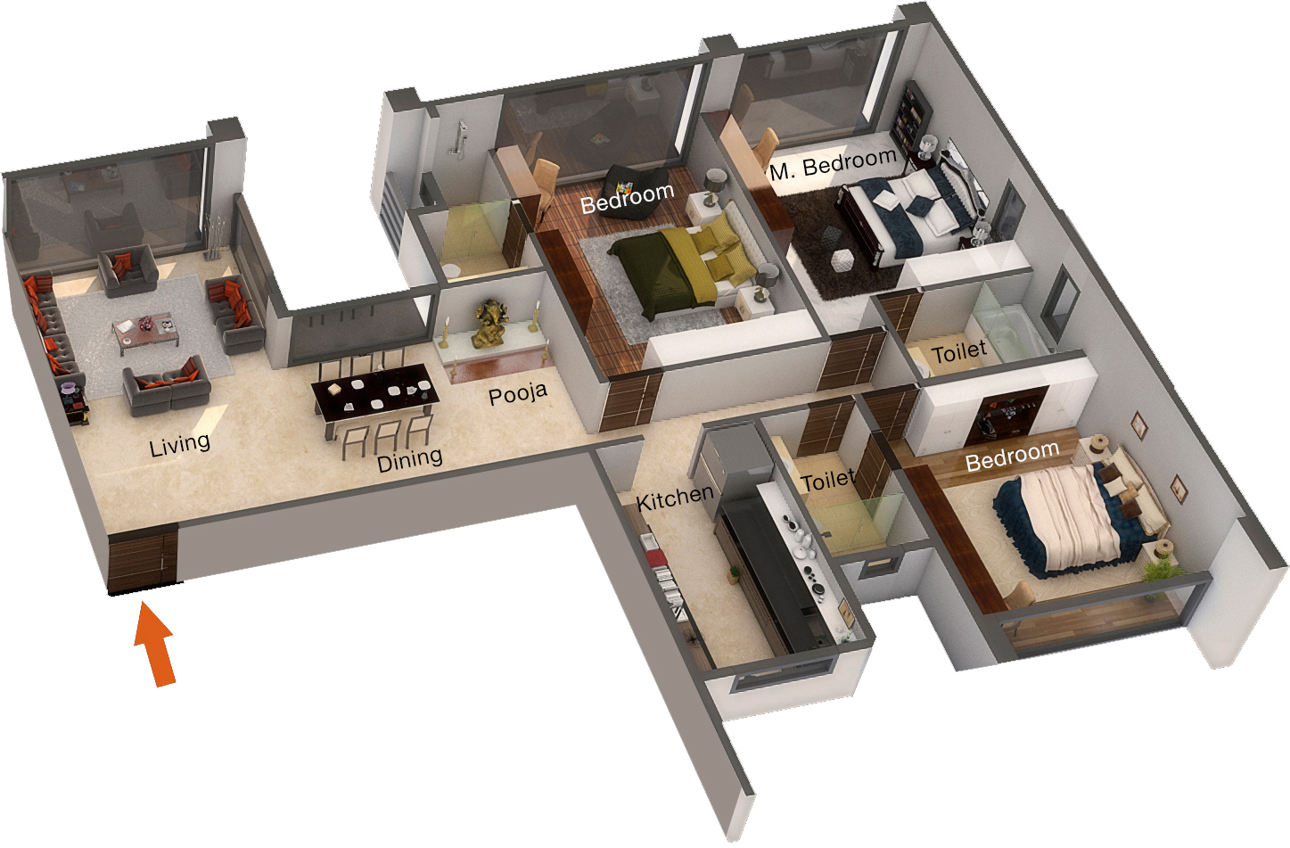 Three bedrooms with pooja