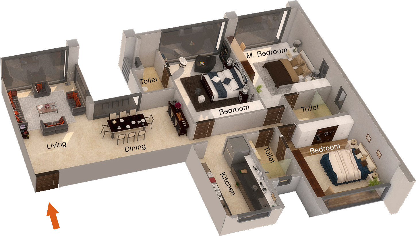 Three bedrooms with pooja