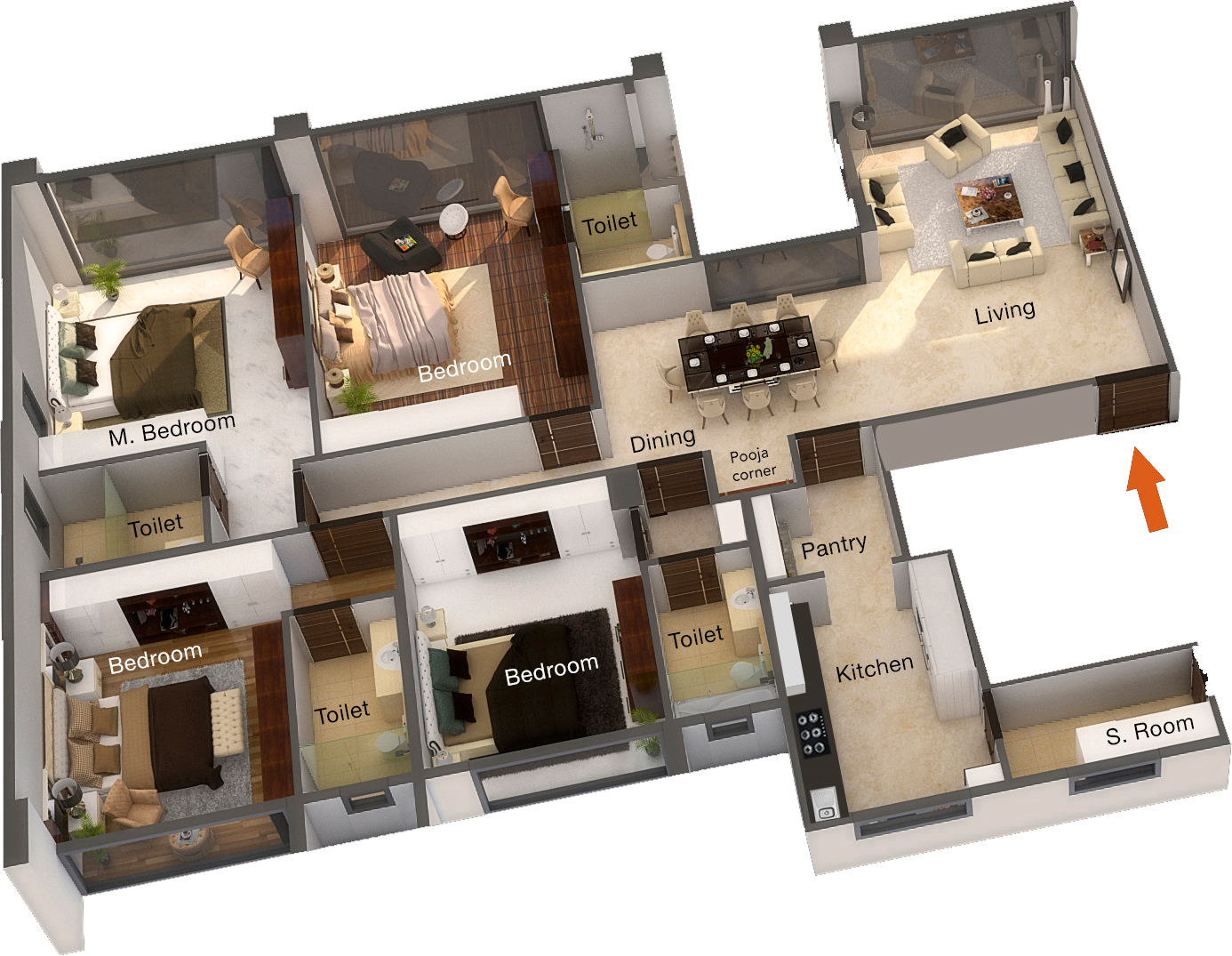 Four bedrooms with pooja