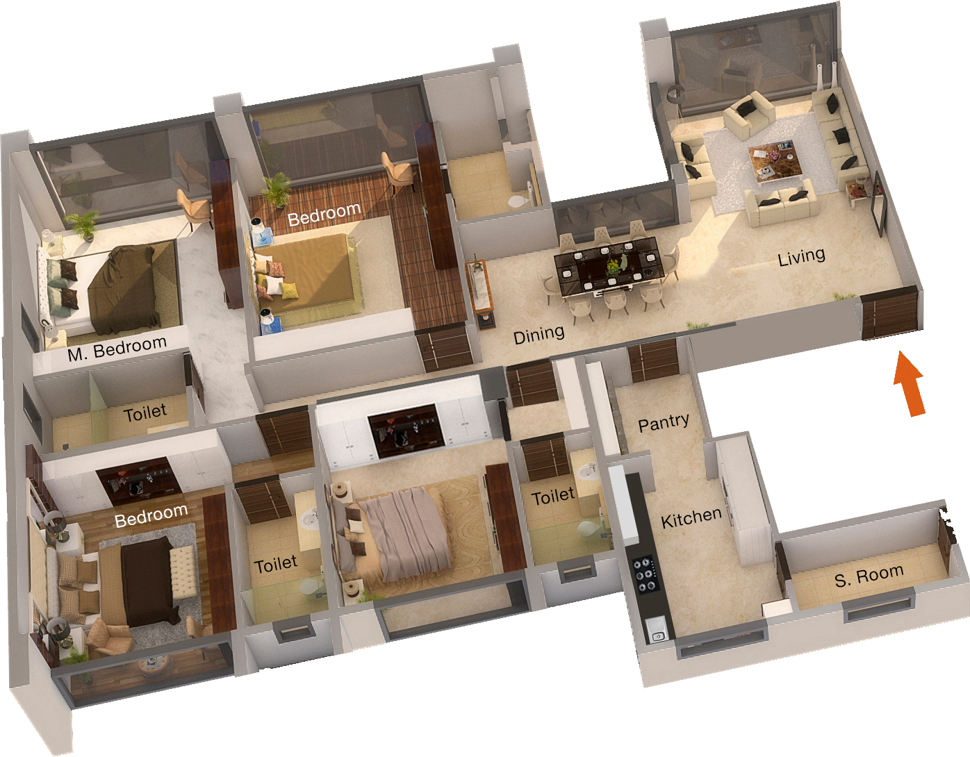 Four bedrooms with pooja